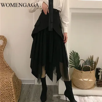 

Korea 2020 New Fashion Spring Women Vintage Ladies Pleated Lace Stitching Irregular High Waist Skirt ZA3261