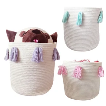

NEW-Cotton Woven Clothes Kid Toys Storage Basket with Tassel,Foldable Dirty Clothes Toys,Art Organizer Holder