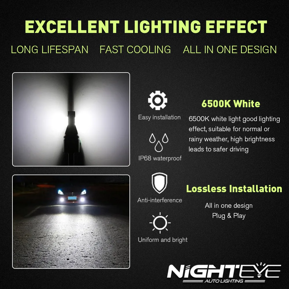NIGHTEYE H1 H7 H11 Светодиодный противотуманный фонарь 9005 9006 CSP чипы 8 Вт 1600LM