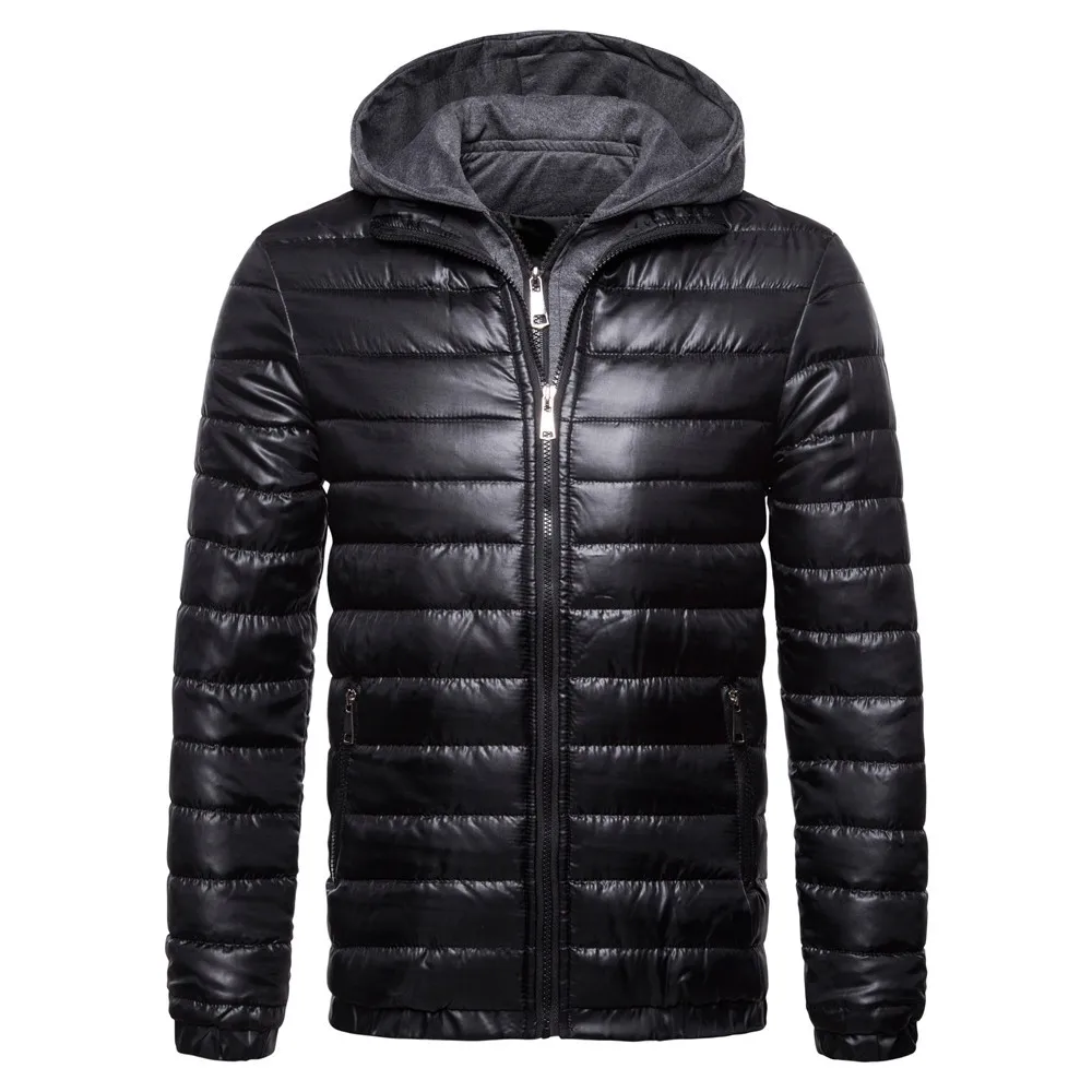 

Men's 2019 Autumn and Winter New Cotton Jacket Casual Men's Solid Color Hooded Fake Two-piece Jacket Cotton Coat