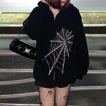 

Gothic Punk Hooded Women Rhinestone Spider Web Rhinestone Zipper Hoodie Fairy Grunge Dark Academia Jacket Harajuku Sweatshirts