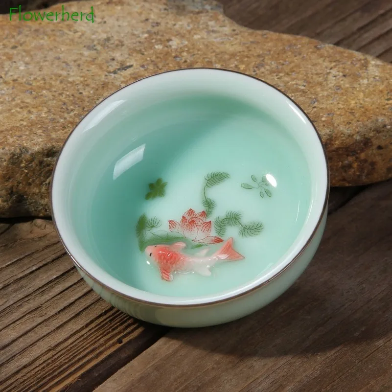 Celadon Small Carp Tea Cup Teaware Ceramic Porcelain Hand-painted Lotus Ceramic Kung Fu Tea Set Tea Cup
