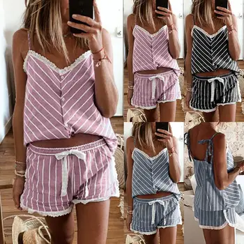 

Summer Pyjama Mujer 2020 New Stripe Sleeveless Vest With Shorts Sets Sexy Lace Plus Size Home Comfort Women's Sleepwear