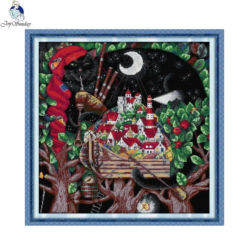 Cross Stitch Kit Cross Stitch Tools Joy Sunday The flute at night Cross stitch kit DIY black cat pattern 11CT 14CT counted needlework embroidery set Home decoration