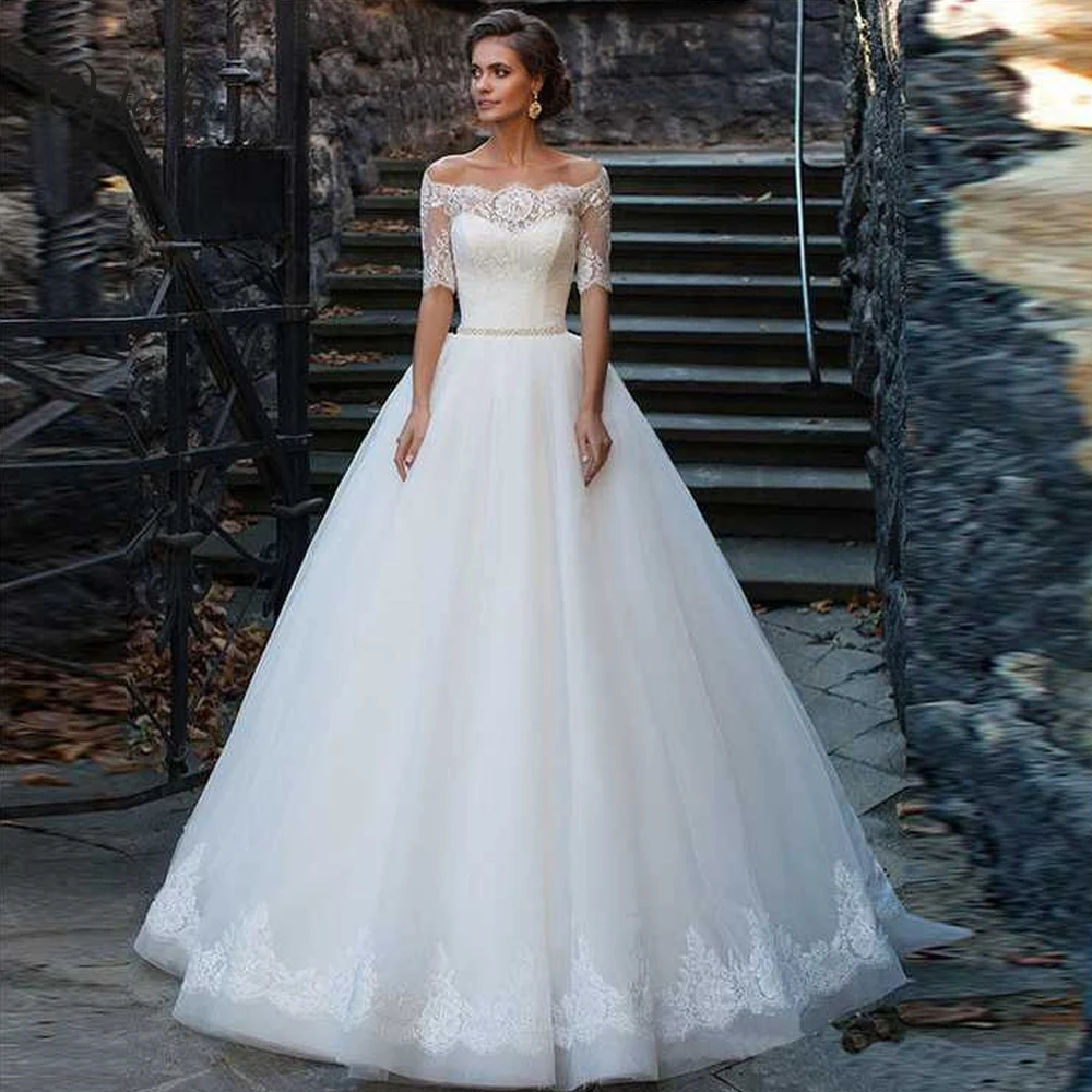 Optcely Vestido de Noiva очаровательное свадебное платье с вырезом лодочкой, винтажное ТРАПЕЦИЕВИДНОЕ ПЛАТЬЕ С Коротким Рукавом, лидер продаж, Кружевная аппликация, расшитая бисером, с коротким шлейфом