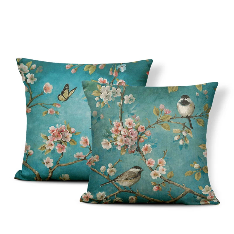 Luxury Happy Pillow Blue Flower Nature Cushion Cover Decoration Home Living Room Polyester Linen 45*45Cm Sofa Throw Pillowcase | Дом и сад