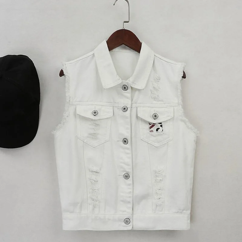 

Джинсовый жилет для женщин, модная верхняя одежда из денима, с карманами, с заклепками, в стиле панк, несколько цветов, черные однотонные, белые