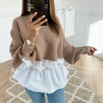 

Newly Womens Autumn Long Sleeve Patchwork Round Neck Ruffle Knitted Pullover Fashion Loose Knitting Casual Tops Shirt