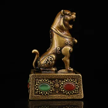 

wedding decoration Collection of Qing Dynasty old copper handmade gemstone inlaid seals Tiger statue seal