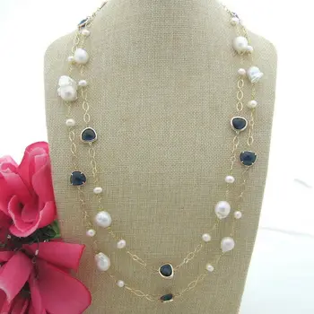 

S090407 60'' Baroque Keshi Pearl Dark Blue Crystal Necklace