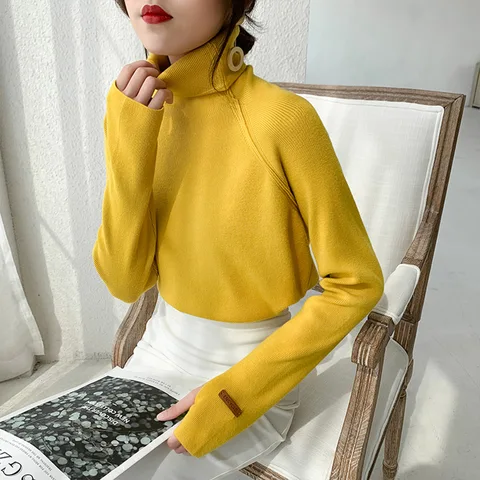 Autumn Winter New Korean Fashion Womens Sweater Solid Color Turtleneck Long Sleeve Loose Casual Pullover Knitting Tops