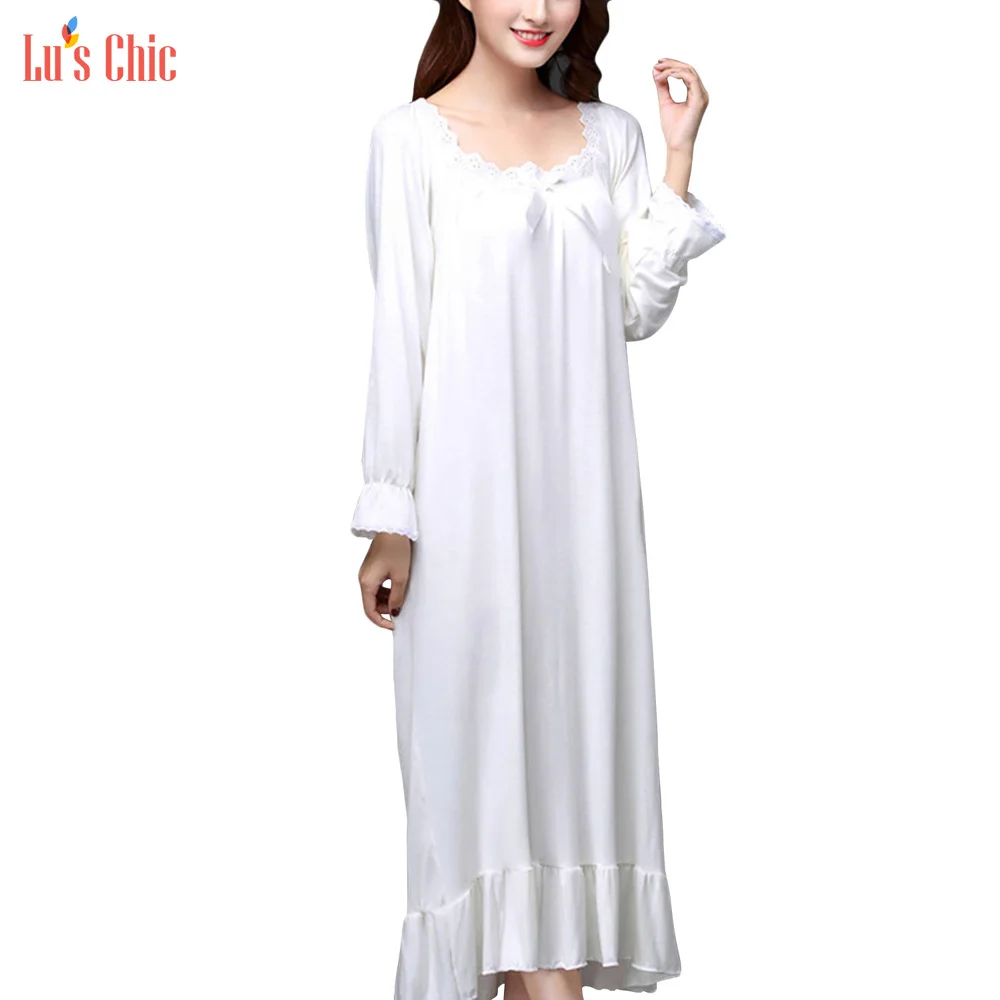 Lu's шикарное женское викторианское пеньюар с длинными рукавами хлопковое платье для сна винтажное мягкое ночное белье - Цвет: White