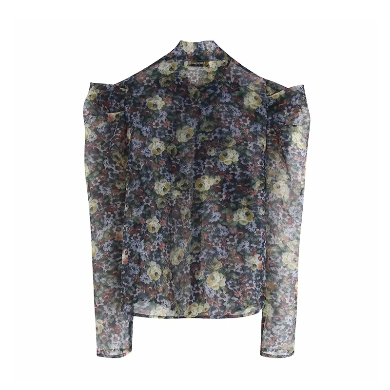 Vintage Stylish Transparent Floral Print Organza Blouses Women Fashion Bow Tie Collar Puff Sleeve Shirts Blusas Chic Tops