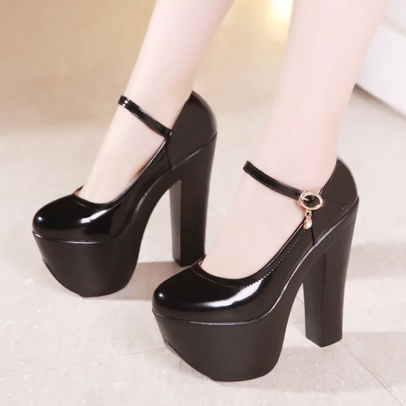 Туфли на платформе и высоком каблуке 15 см туфли из спилка с круглым носком женские туфли-лодочки Свадебная обувь модная обувь для танцев для невесты - Цвет: Bright black