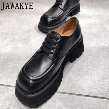 

Square Toe Black Leather Oxfords Flat Platform Thick Sole Casual Runway Shoes Woman British Style Loafers Ladies Wedge Shoes