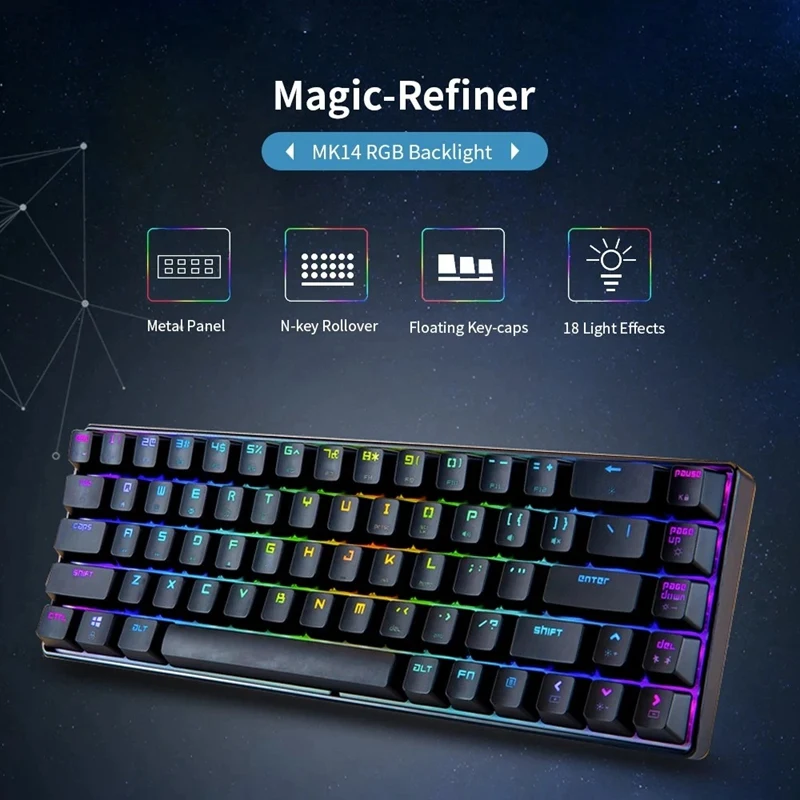 

Magic-Refiner MK14 RGB Backlight Keyboard 68 Keys Metal Panel N-Key Rollover Gaming Keyboard Blue Switch Floating Key-Caps 18 Li