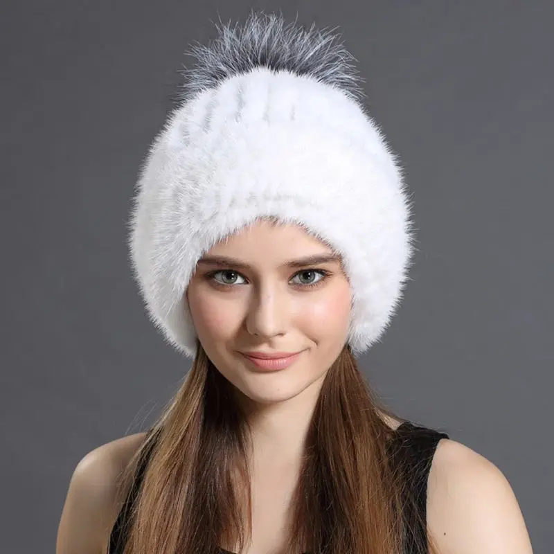 Женская вязаная шапка из меха норки, женские повседневные меховые шапки, Новые Модные Меховые помпоны, женские зимние головные уборы, шапка для женщин, женская шапка