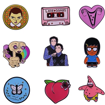 

12pcs/lot E2102 Stranger Thing Hard Enamel Pins Badge Backpack Collar Lapel Fashion Cartoon Alien Butterfly Peach Jewelry