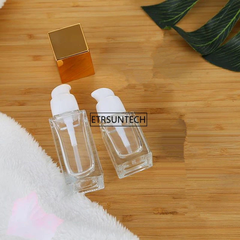 50pcs15ml 20ml 30ml Clear Square Glass Bottle with Gold cap for Lotion Essential Oli Moisturizer Facial Water Liquid Cream F3613