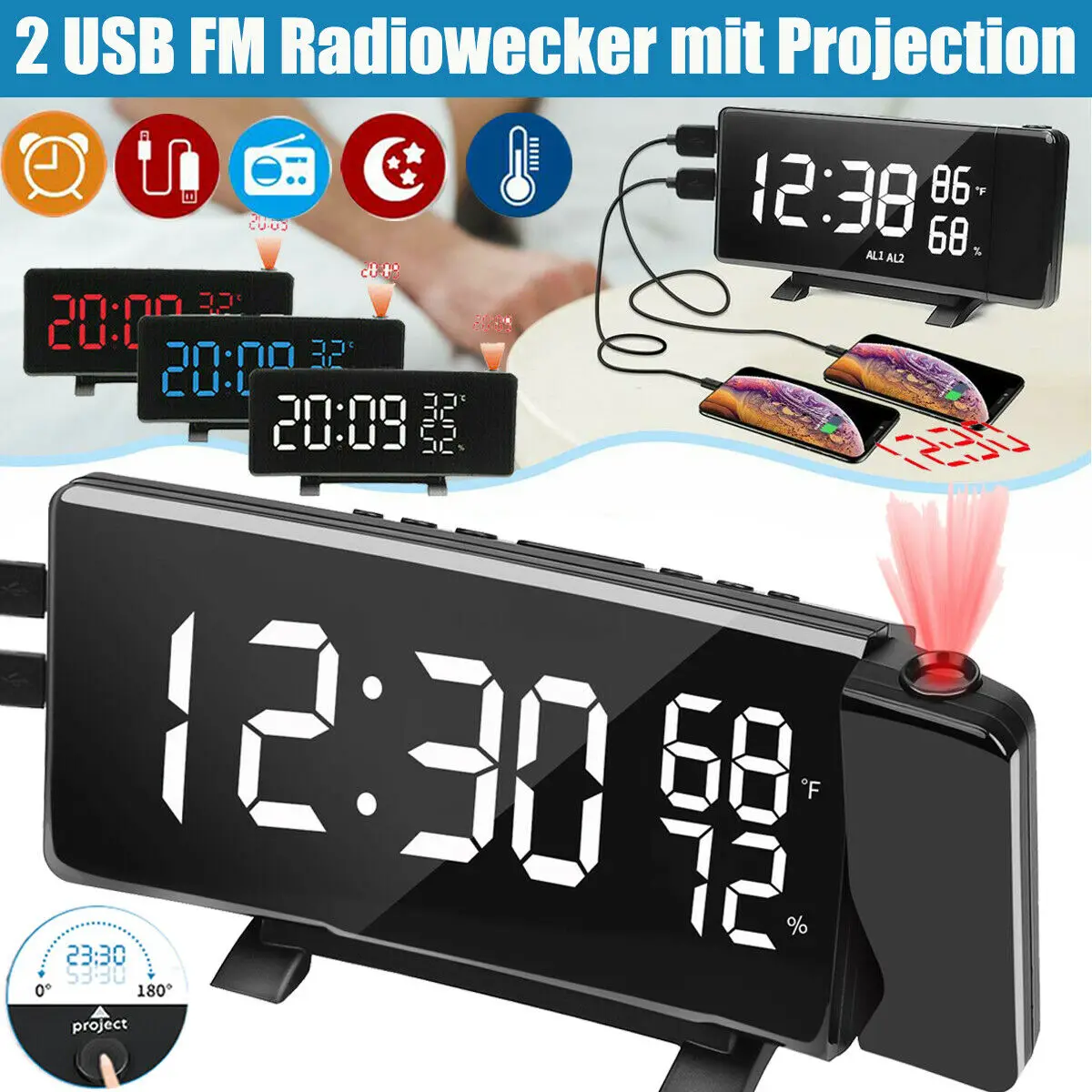 2Xusb Digitale Radio Klok Met Projectie Klok Sleeper Wekker Led Screen Radio Weersverwachting Klok Thermo-Hygrometer
