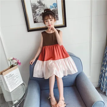 

Korean Style Teen Girls Summer Cotton Sleeveless Dress Kids Girls Patchwork Casual Dress Elegant Children Backless Dress, #8840