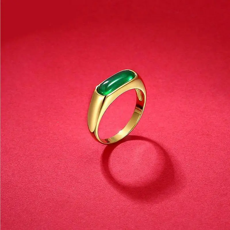 MxGxFam Green Stone ArtificialJade Rings Jewelry For Women Men 24 k Pure Gold Color Original Design silver ring wedding rings finger rings womens ring jewelry rings ring jewelry signet ring couple rings moissanite ring cubic zircon ring