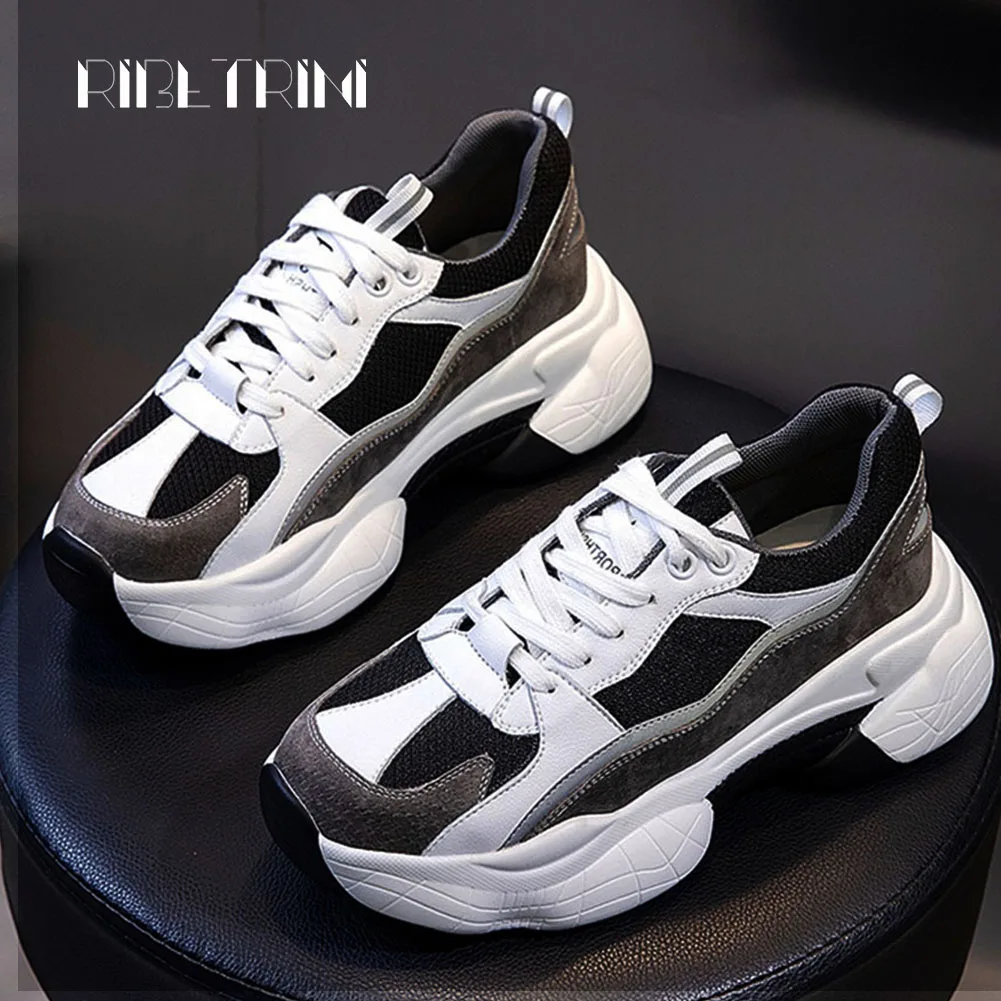 

RIBETRINI Fashion Thick Heel Platform Lace Up Genuine Leather Breathable Mesh Spring Autumn Dad Shoes Woman 2019 Women Sneakers