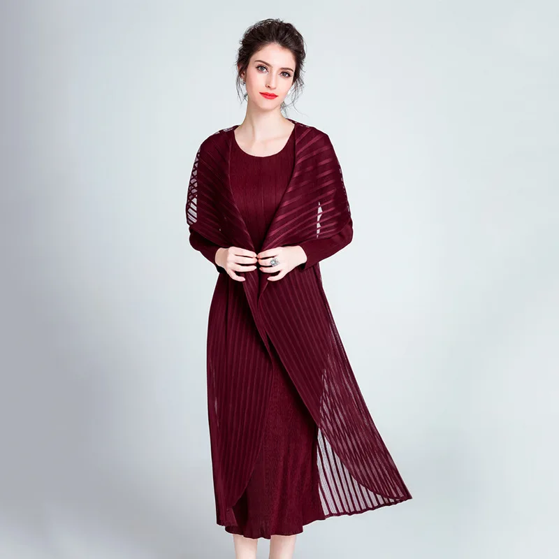 

Miyake Pleats Dress Plus Size Slim Elegant Fake Two Pieces Summer Dresses Female Classic mesh Solid Ankle-Length Dress New 2019