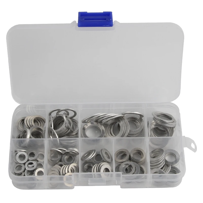 

200Pcs 9 Sizes Aluminum Flat Washer Gasket Set Flat Ring Seal Kit Set with Box M5/M6/M8/M10/M12/M14