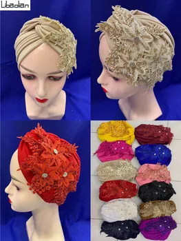 

Newest Elegant Turban 3D Flowers Hats Women Cap Beaded Nigerian Hat Scarfs Head Wrap Headband Girl Hair Accessories 12pcs/pack