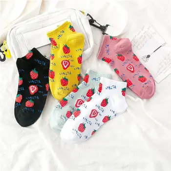 

10Pcs=5Pairs/Pack Japanese Cartoon Fruit Tabi Socks Funny Cute Strawberry Ankle Socks Women Breathable Cotton Boat Sock Sokken