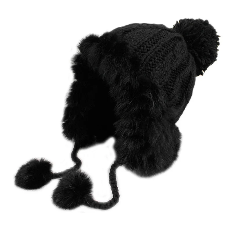 Женские зимние милые наушники Skullies Beanies, новинка, натуральный мохер, кроличий мех, трикотажные шапки для девочек Lei Feng, шапка - Цвет: Черный