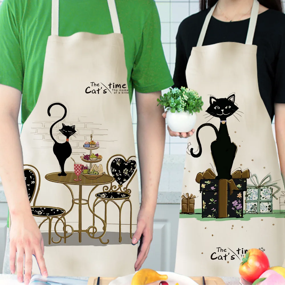 1 Pcs Cute Cat Pattern Kitchen Apron for Women Cotton Linen Bibs Household Cleaning Pinafore Home Cooking Aprons
