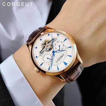 

Corgeut 44 Mm Domed Glass Watch Clock Fashion Top Brand Mechanical Black Dial Leather Strap Date & Day Mens