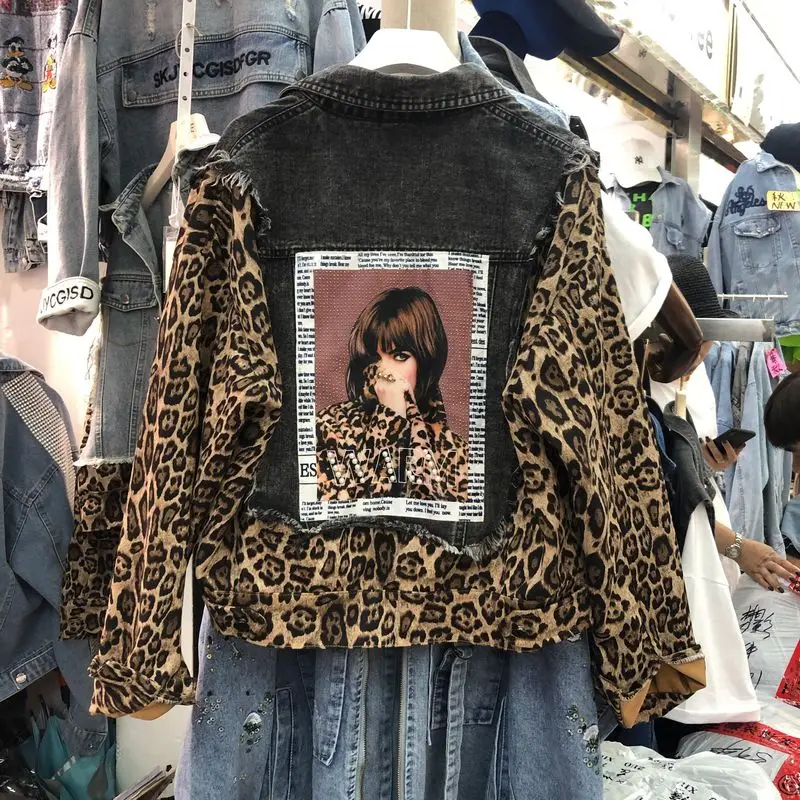 Neploe Винтаж панк аппликация бисером женская джинсовая куртка Осень Harajuku леопардовые леггинсы куртки пальто свободная мода уличная