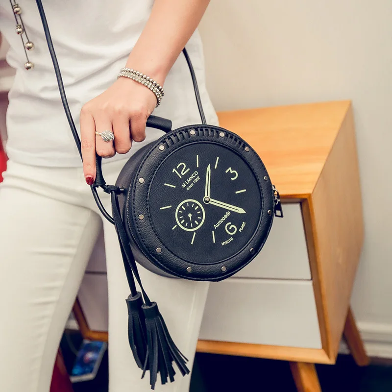 

Women Bag2019 New Style Clock Bag Women's Cool Tassels Versatile Shoulder Small round Bag