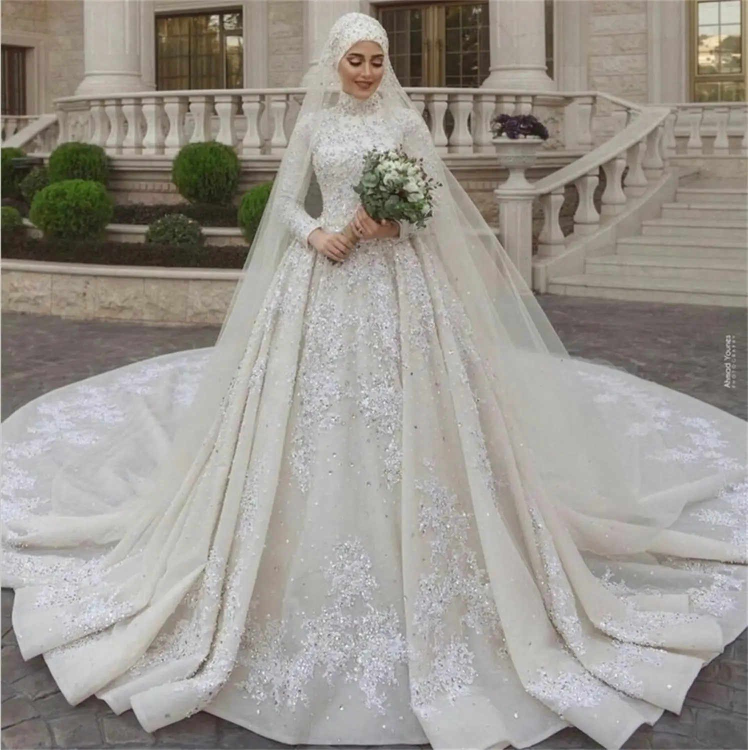 

Modest Muslim Wedding Dresses High Neck Lace Sequins Beads A Line Country Wedding Dress With Veil Custom Made Vestidos De Novia