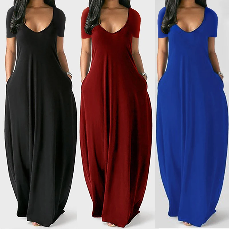 Women Maxi Dress Summer Casual V-neck Solid Long Fashion Pockets Short Sleeve Loose Female Vestidos Plus Size | Женская одежда