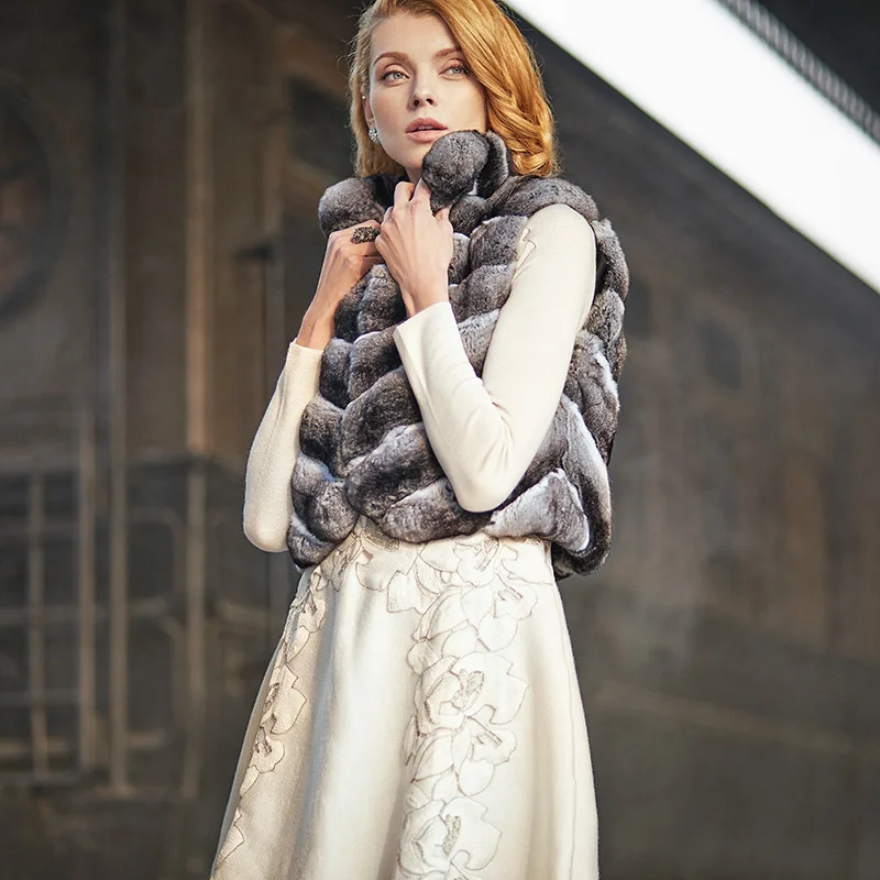 FURSARCAR  High Quality Natural Rex Rabbit Fur Vest Real Rabbit Fur Women Winter Jacket High Street Style Elegant Female Clothes