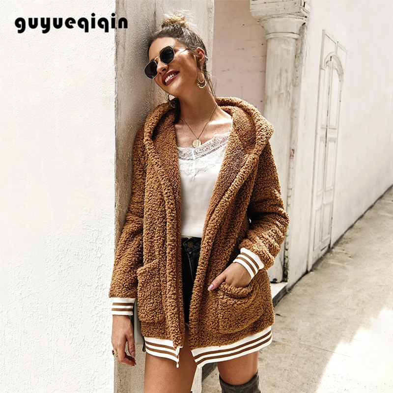 Women Hoodies Pure Color Stripe Cuff Sweatshirt Keep Warm  Pocket Women Oversized Hoodie