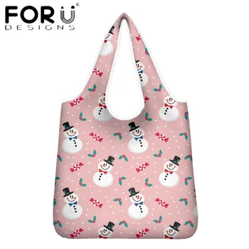 

FORUDESIGNS New Trend Women Eco Friendly Shopping Handbag Christmas Snowman And Santa Printing Christmas Gifts Girls Totes Bags