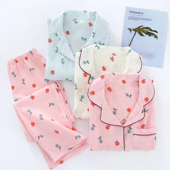 

Cotton Gauze Women Pajamas Set 2pcs Shirt&Pant Casual Loose Sleepwear Nightwear Soft Bathrobe Simple Style Pyjamas Suit Homewear