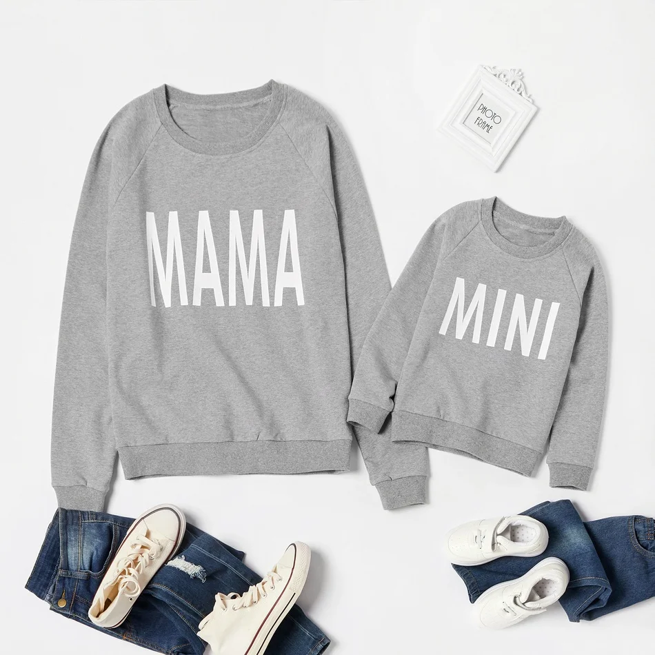 

PatPat 2020 New Arrival Autumn and Winter Letter Print Grey Cotton Sweatshirts for Mom and Me Family Look Matching Clothes Tops