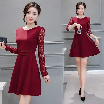 

2017 Spring New Style Korean-style WOMEN'S Wear Fashion Medium-length Dress Knitted Lace One-piece Dress Base Skirt