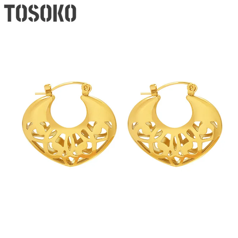 

TOSOKO ювелирные изделия из нержавеющей стали геометрическое сердце ажурные Подвесные серьги женские модные крупные серьги BSF562