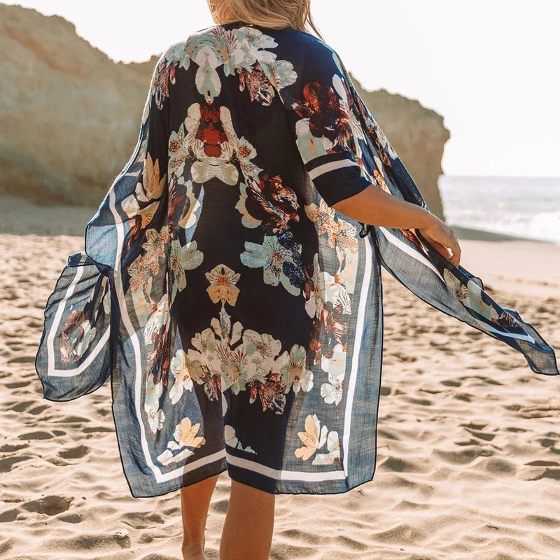 Summer Mid-length Slit Chiffon Beach Sunscreen Blouse Holiday Style 2021 Vintage Floral Print Long Cardigan Tops Women Cover Ups bathing suit skirt cover up