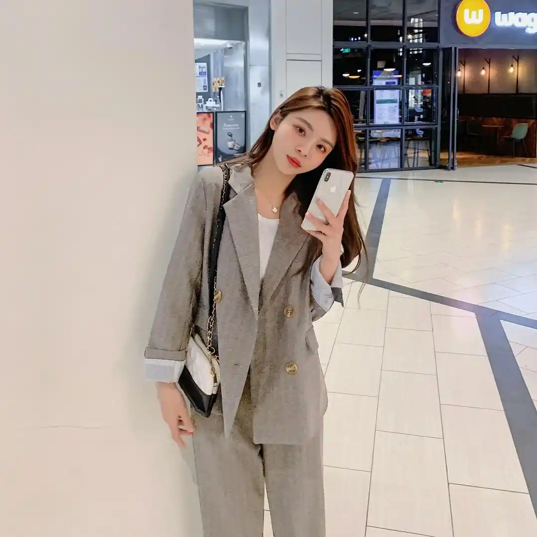 秋と冬の女性のオフィススーツルースダブルブレストパンツスーツレディース韓国服ブレザーファッション2点セット女性 パンツスーツ Aliexpress