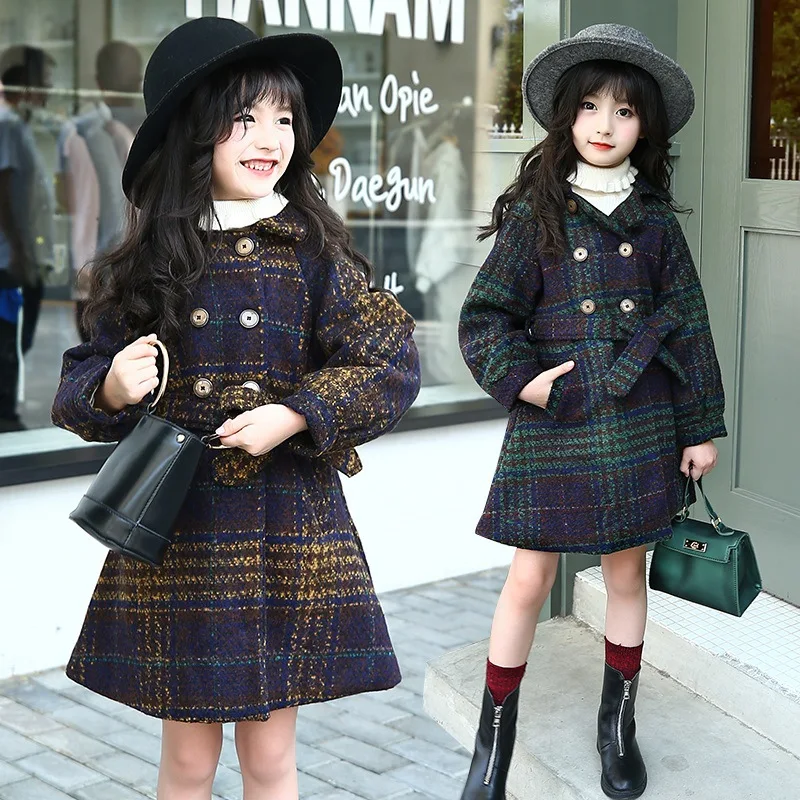 

Girls with Thick Woolen Cloth Coat The New Winter 2019 Children Quilted Han Edition Small Grid Coat