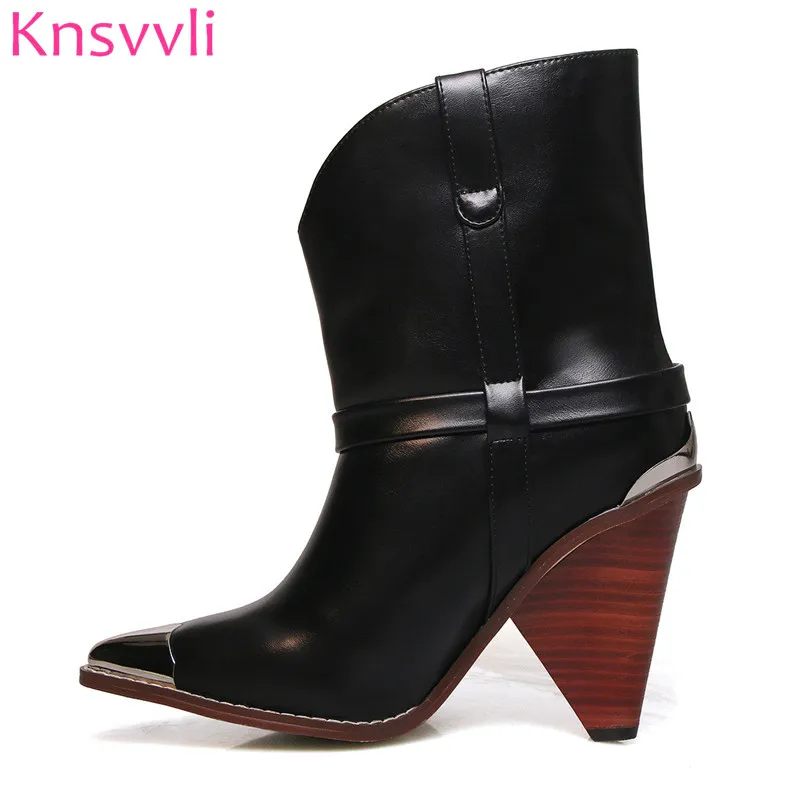 

Knsvvli Runway Mid-calf Boots Women Black Red Metal Pointed toe Slip on Spike High heels Punk Wedge Cowboy Boots for Women