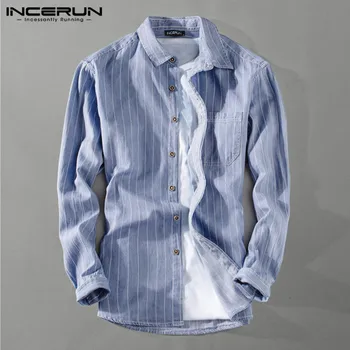 

INCERUN Men Striped Shirt Lapel Streetwear Pockets Long Sleeve 2020 Slim Button Casual Brand Shirt Men High Quality Camisa S-5XL